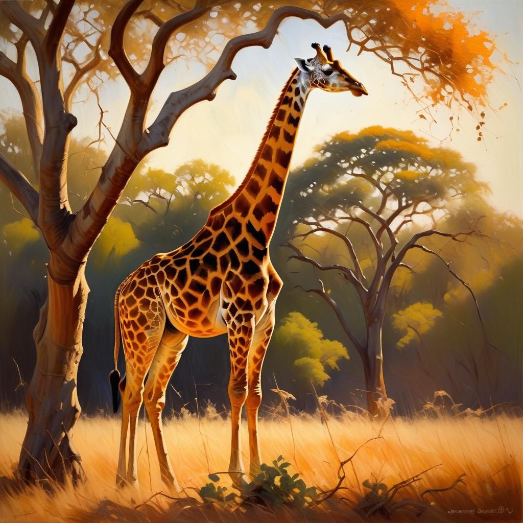 Giraffe in Savannah Landscape as Oil Painting