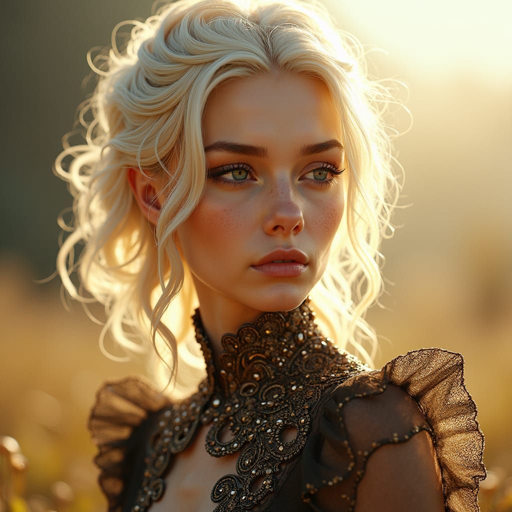 Elegant Woman in Sunny Garden with Intricate Motiffs