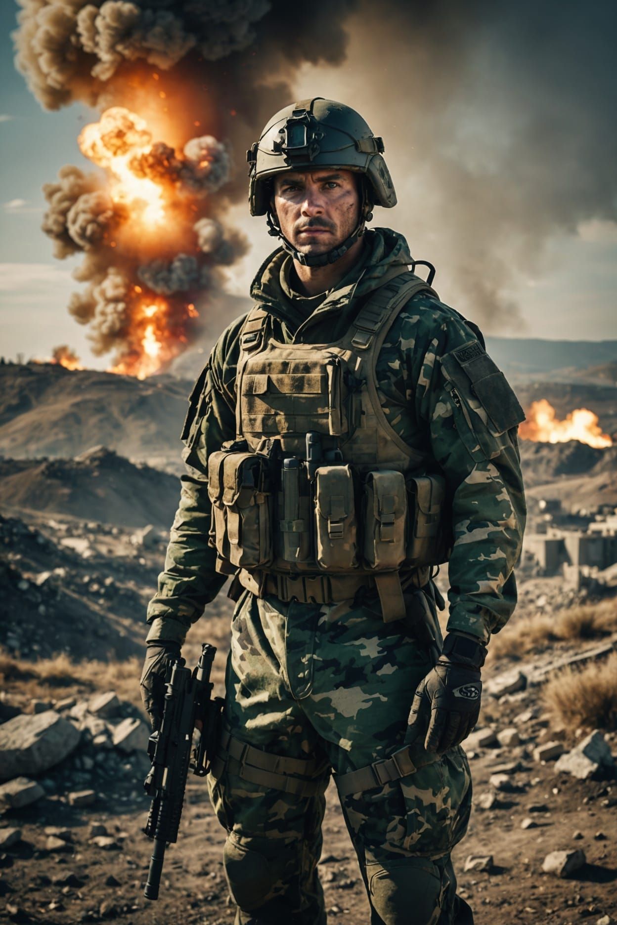 Dramatic Film Still of Soldier on Hill at Sunset