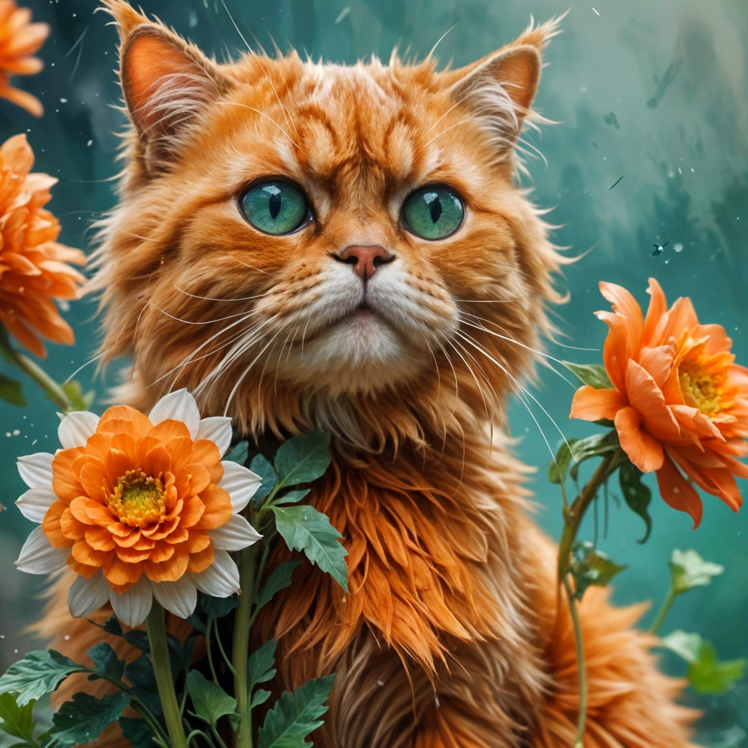 Vibrant Orange Cat Amidst Vibrant Flowers in Impressionist S...