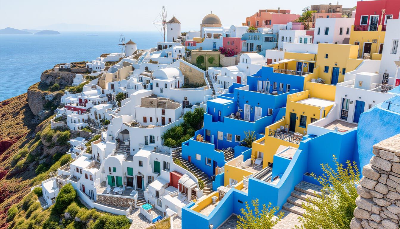 Bright Mediterranean Town: Blue & White Houses from Above