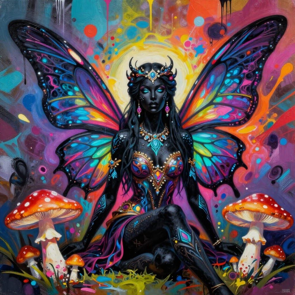 Black Faerie Queen with Glowing Wings Rests Among Mushrooms