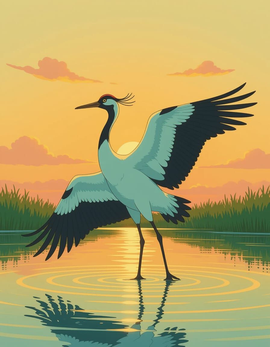 Majestic Crane in Pastel Sunset, Anime Style