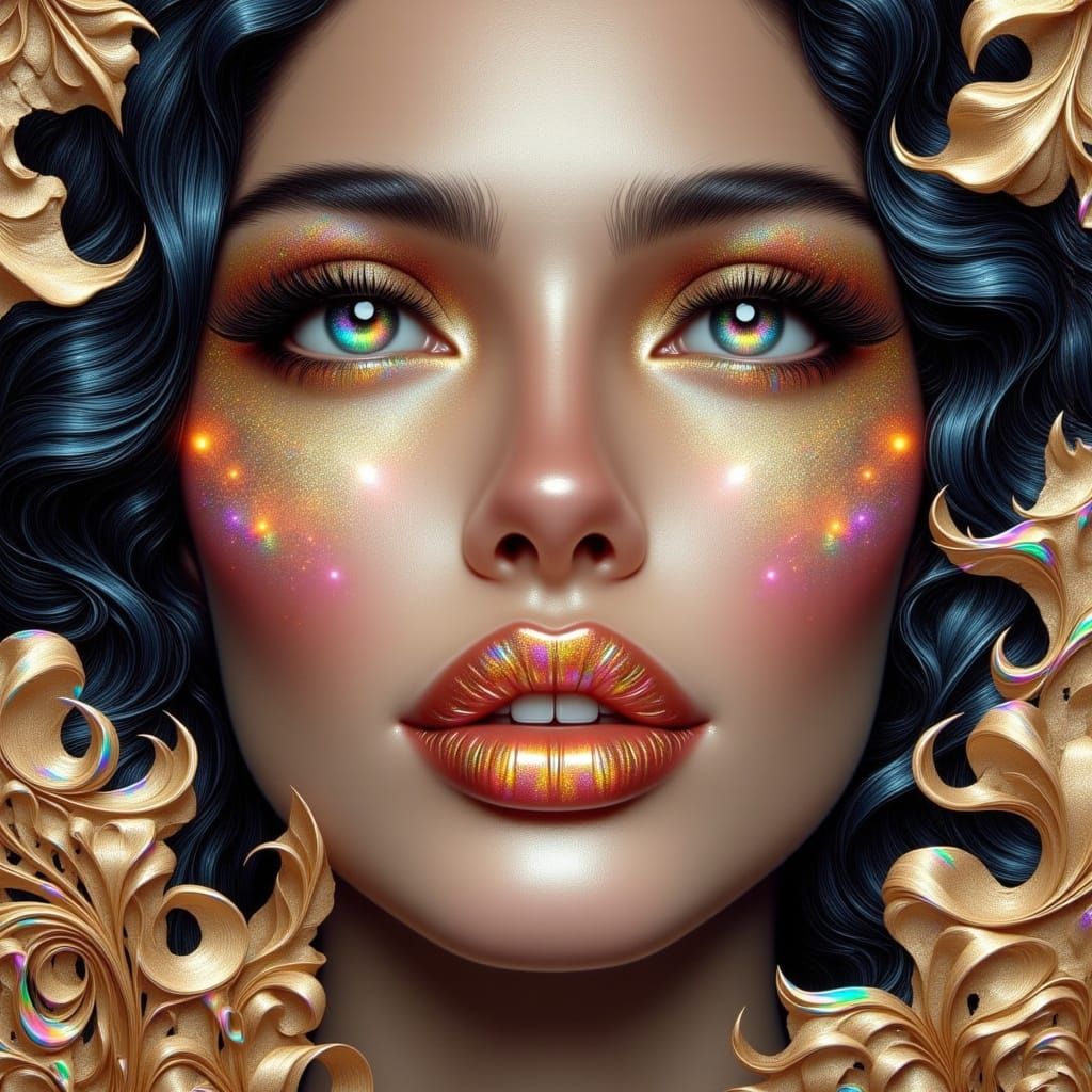 <lora:Iridescent Beauty:1.0>  A woman's face, eyes open, crying happy tears, surrounded by an aura of soft, closeup of h...