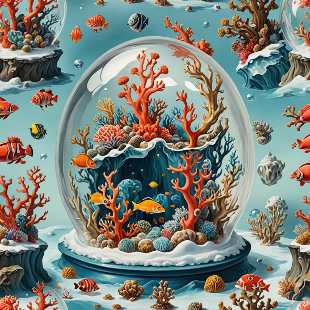 Coral Reef Snow Globe: Surrealist Oil Painting