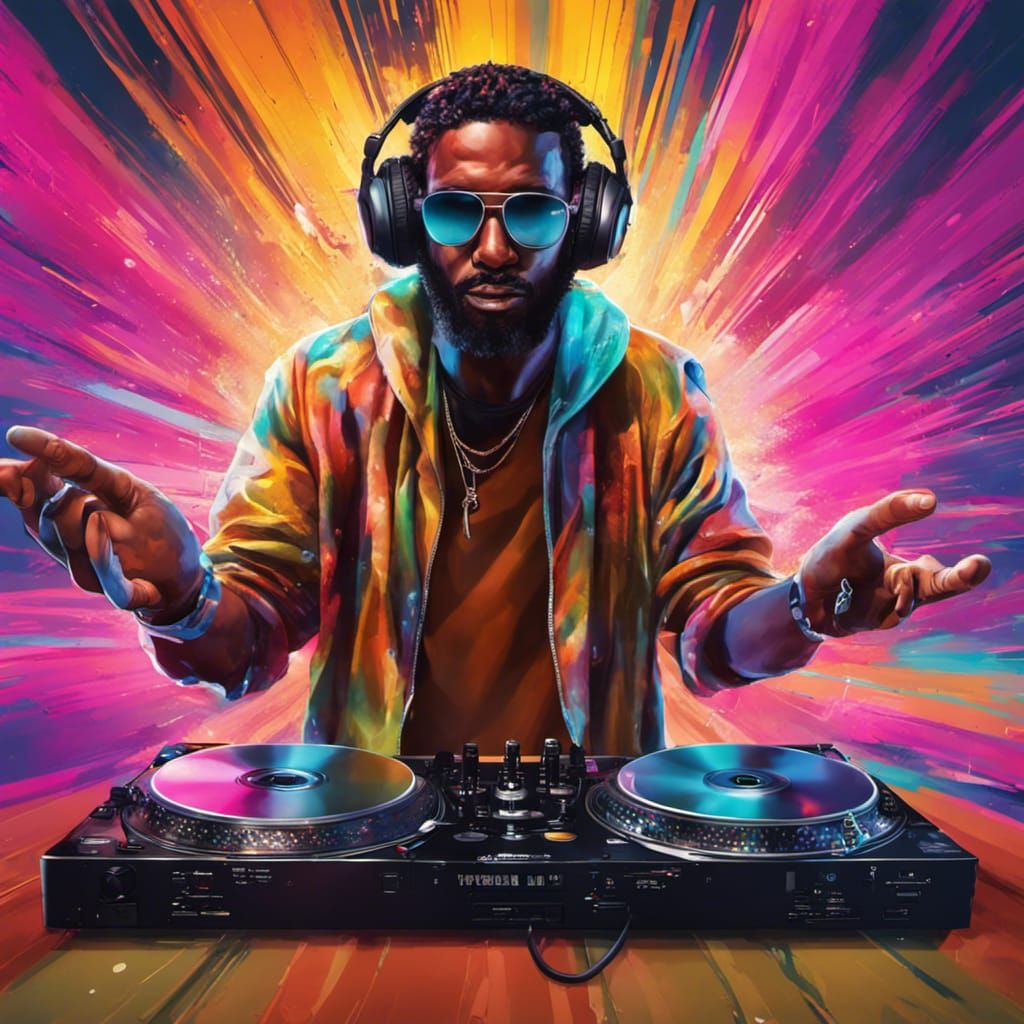 Hyperrealistic God as DJ in Splash Art Style