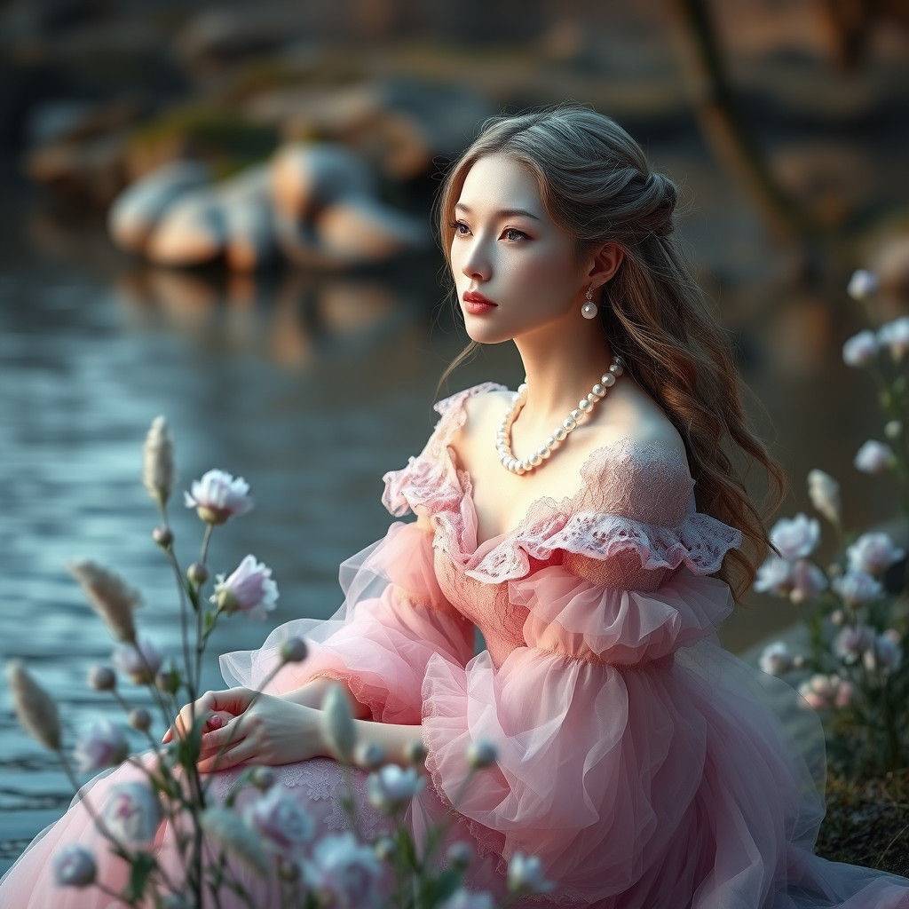 Woman in Pink Dress by River, Fantasy Concept Art