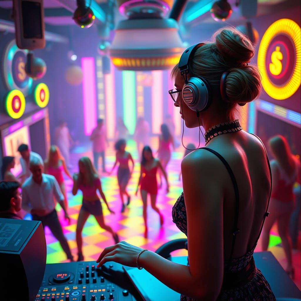 Steampunk DJ Surveys Vibrant 1970s Disco Dancefloor