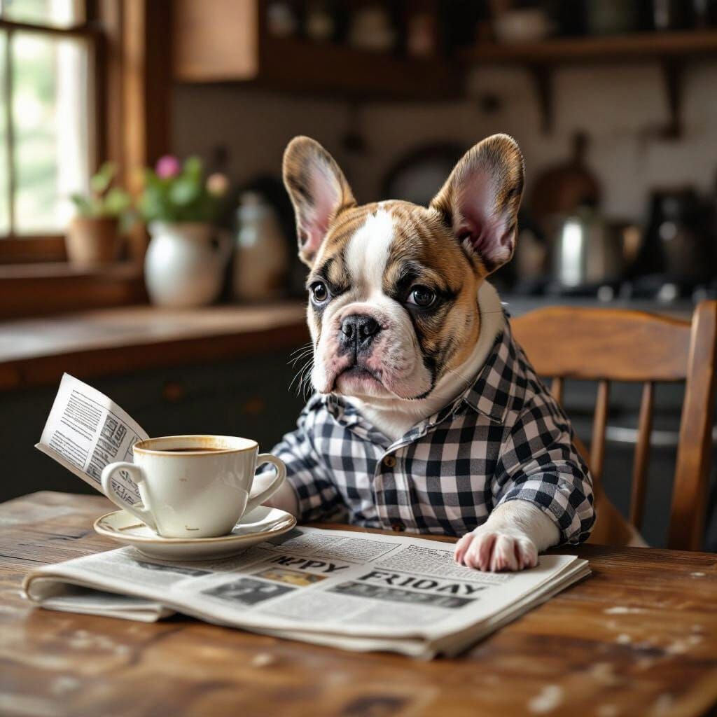 French Bulldog Puppy Enjoys Coffee and Newspaper