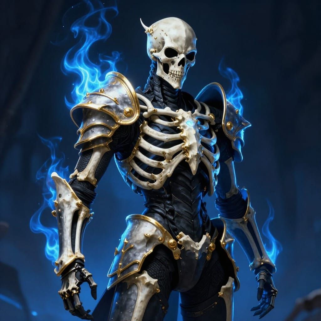 Dark Fantasy Knight with Blue Flames and Bone Armor