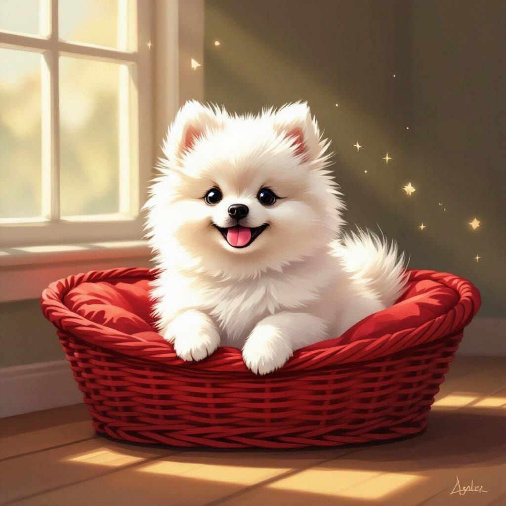 Fluffy Pomeranian Puppy in Cozy Dog Bed