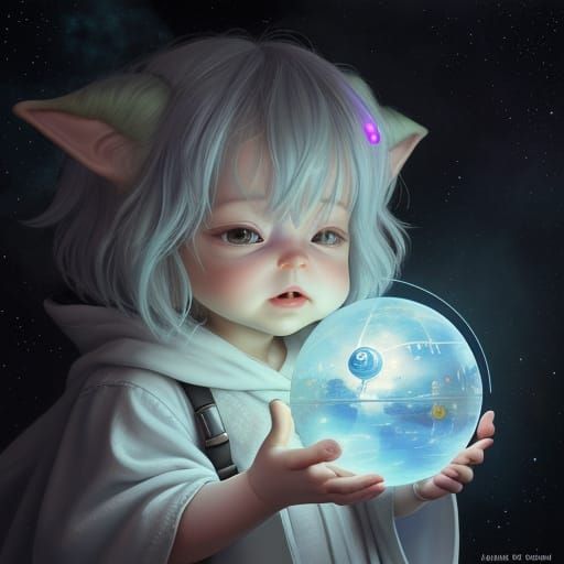 Cute Baby Yoda Plays with a Metal Ball in a Whimsical Hyperr...