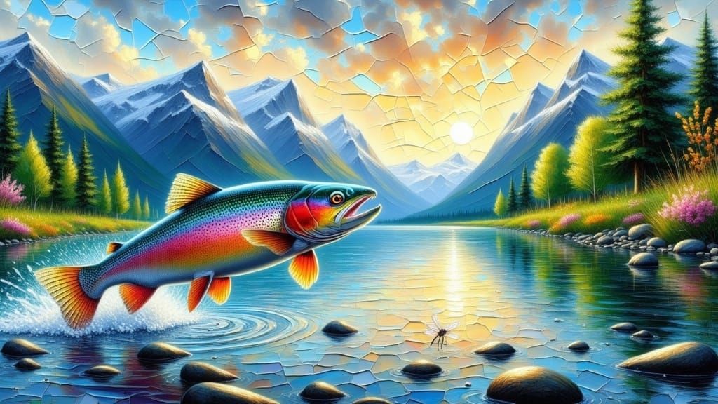 Rainbow Trout Leaping at Sunrise in Dreamy Style