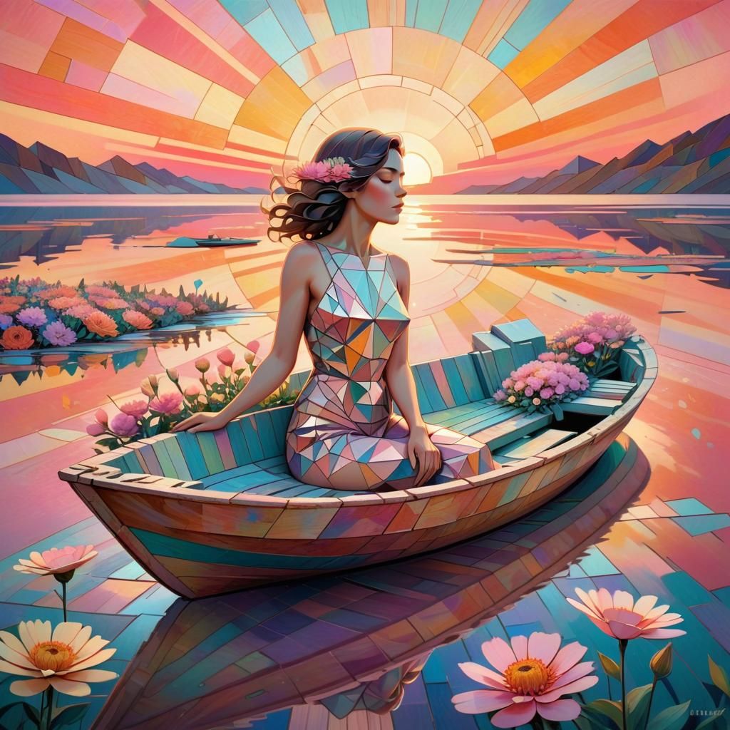 Dreamlike Sunset: Woman on Boat in Cubist Style