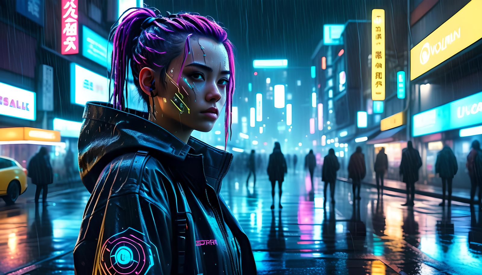 Cyberpunk Anime Woman in Rainy Cityscape