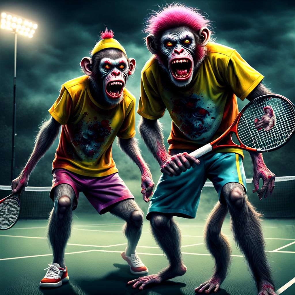 Zombie Monkey Clowns Play Tennis: Hyper-Realistic Digital Ar...