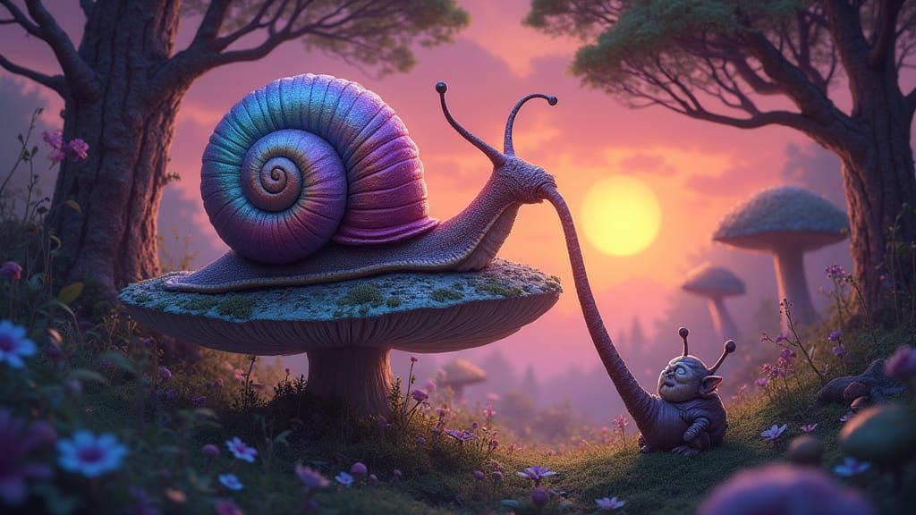 Whimsical Forest Scene with Iridescent Snail and Glowing Mus...