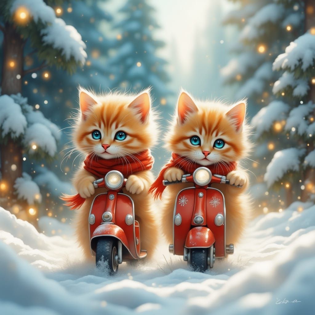 Ginger Kittens on Scooters in Snowy Wonderland