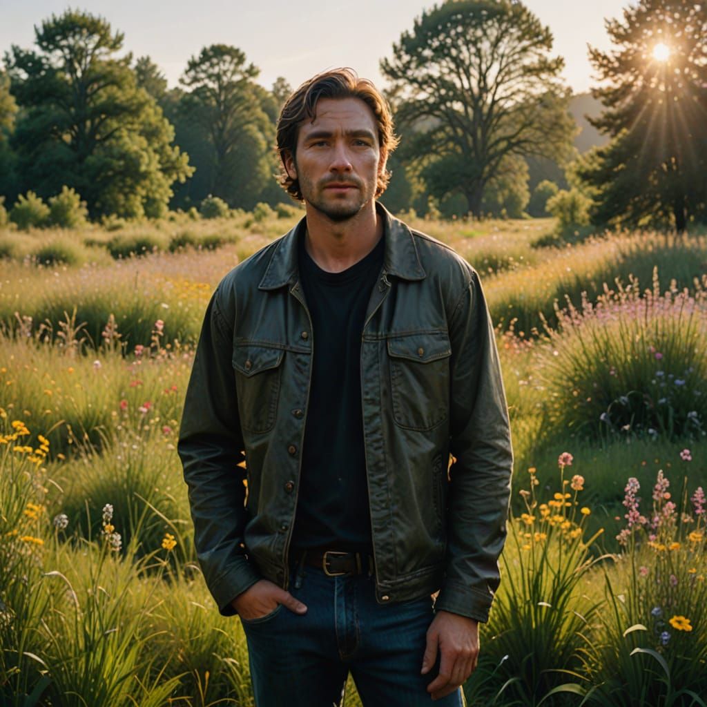 Man in Meadow: Hyperrealistic Splash Art