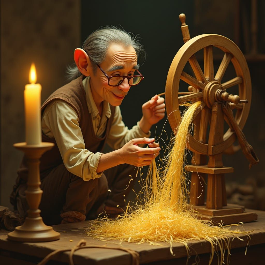 Whimsical Gentleman Weaves Golden Thread in Warm Candlelight
