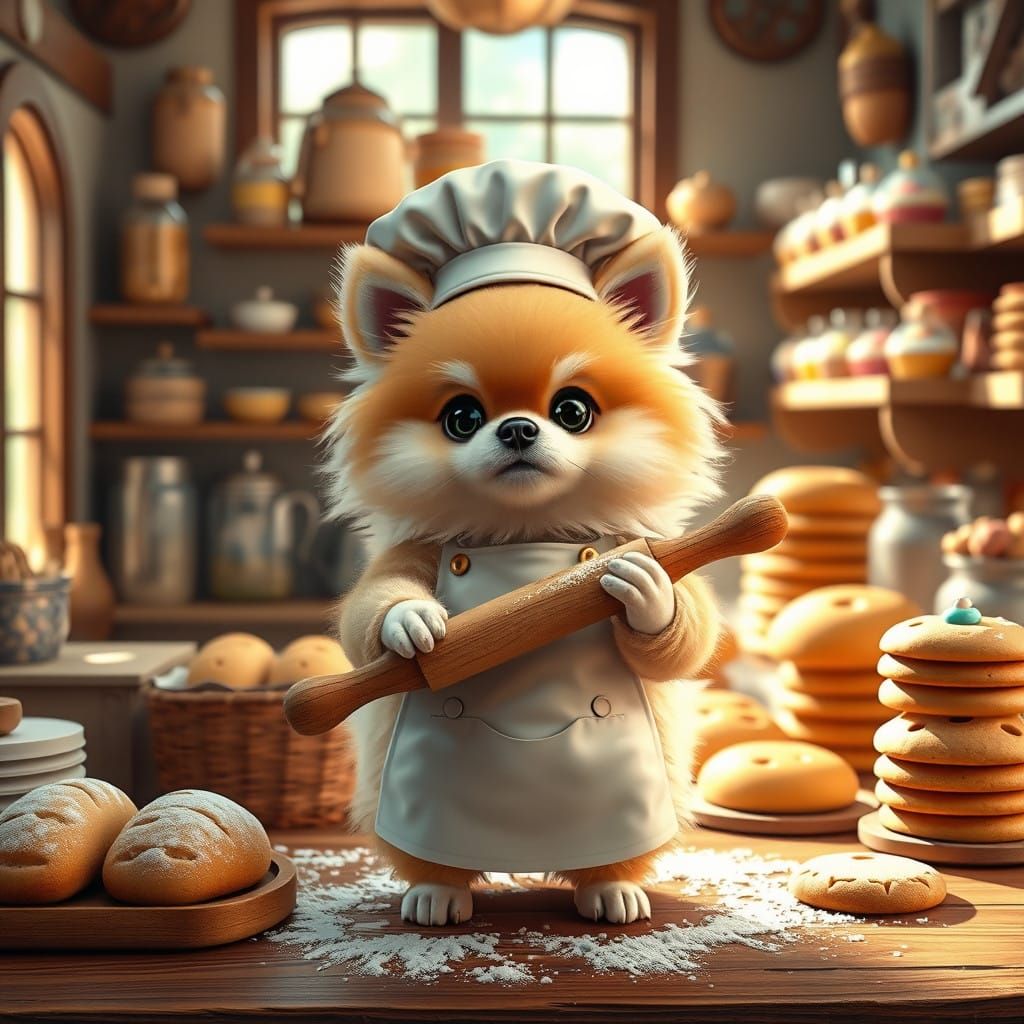 Whimsical Baker Pomeranian in Charming Bakery Fantasy Scene