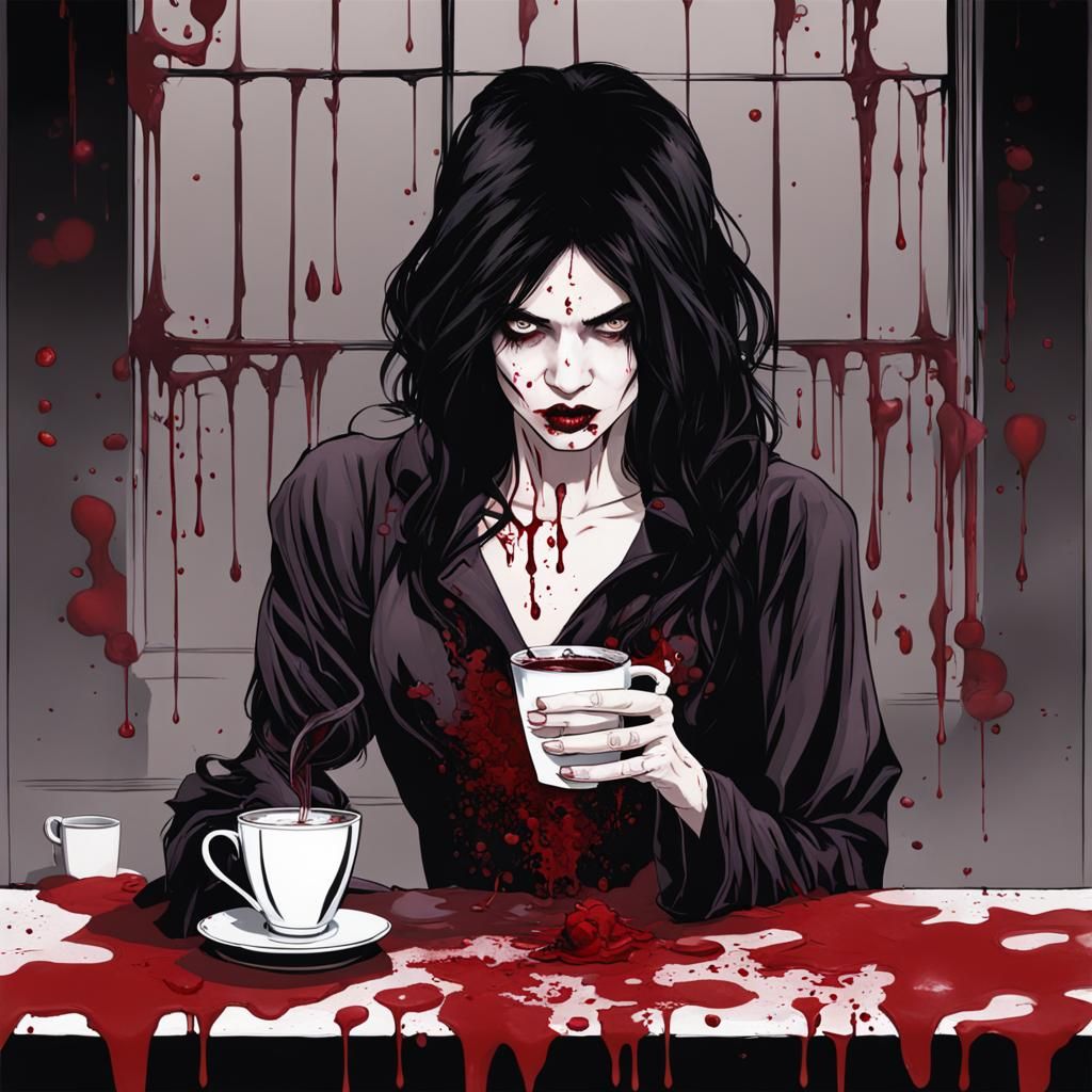 Vampire in Silk Nighty Drinking Coffee