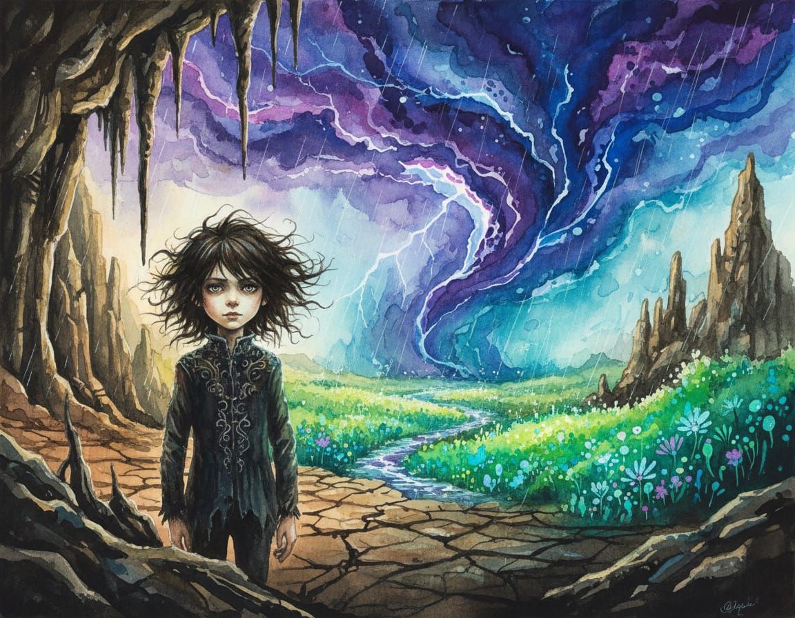 Child Gazes at Vibrant Meadow in Desolate Wasteland Watercol...