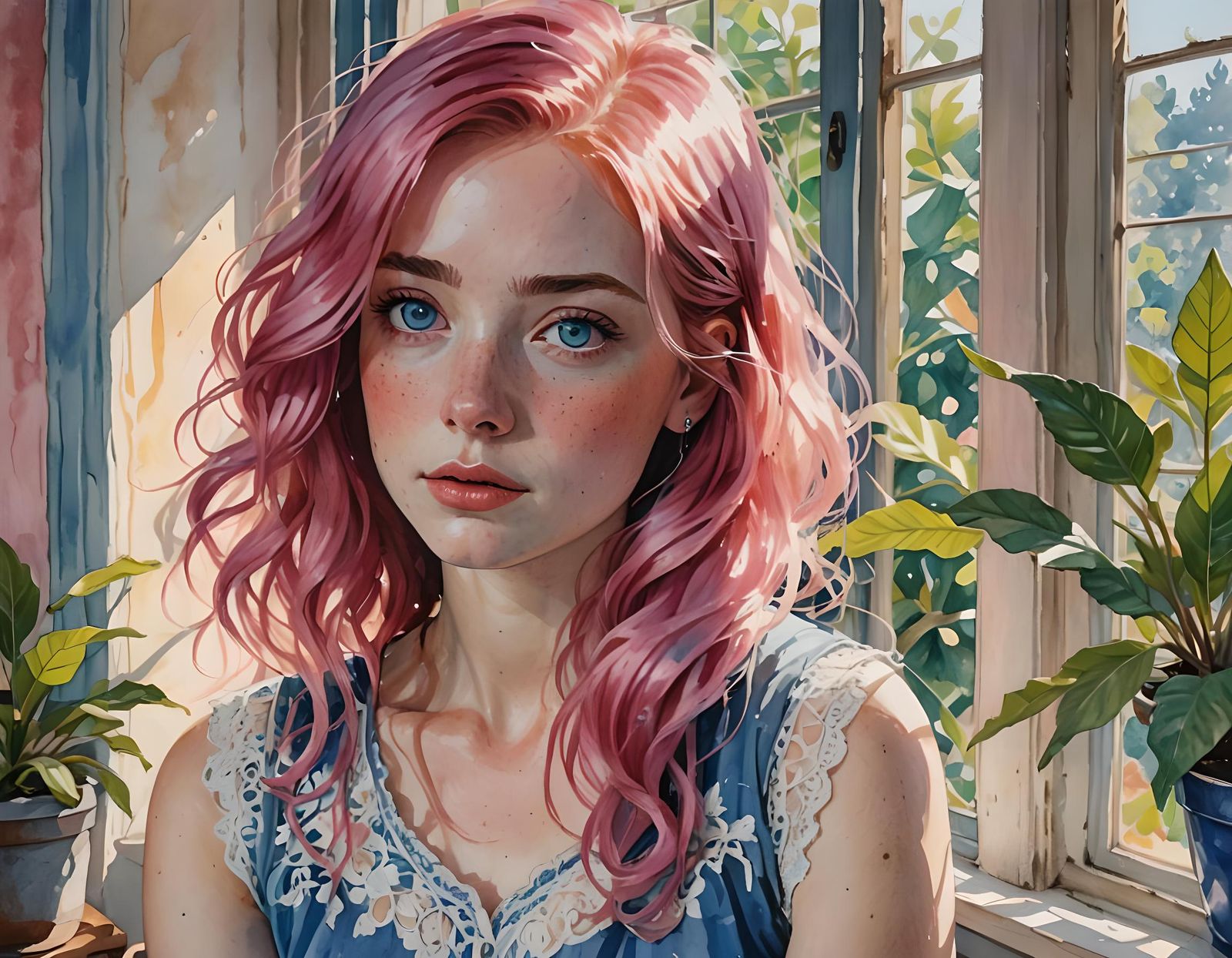 Pink Haired Girl in Gouache Style Impressionist Portrait