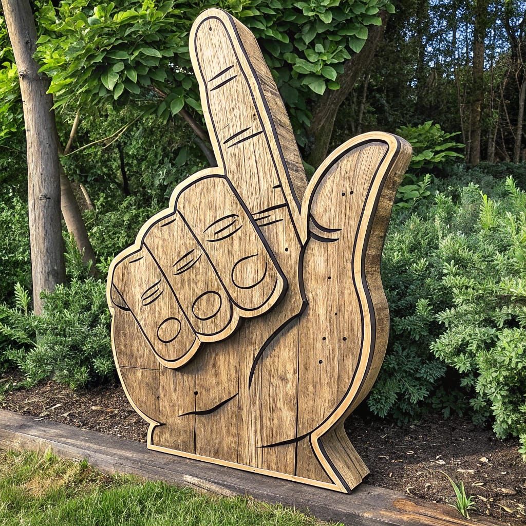 A Large, Lifelike Wooden Hand Points Forward with Intricate....
