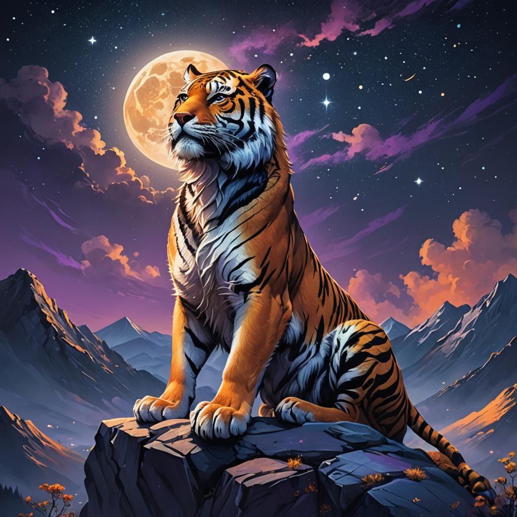 Majestic Tiger Gazing at Starry Night Sky