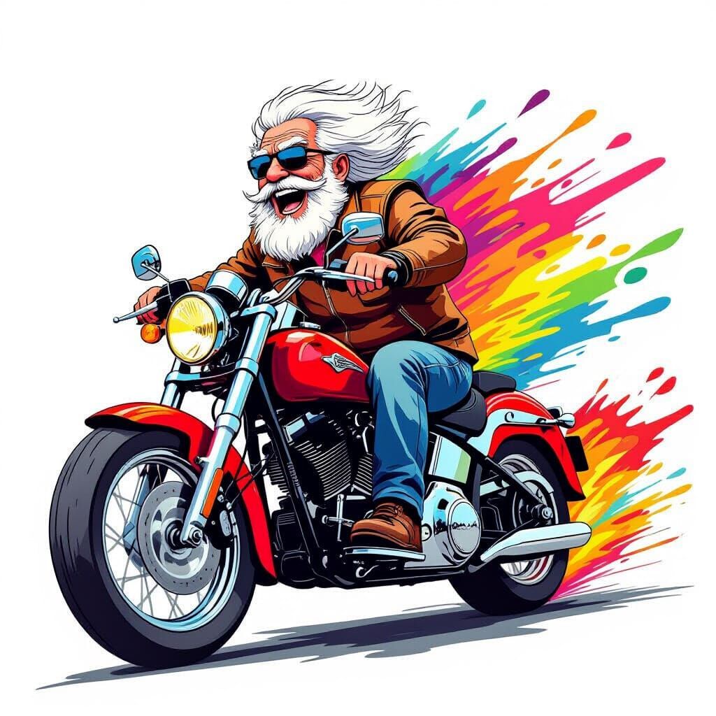Joyful Motorcyclist in Expressive Cartoon Style