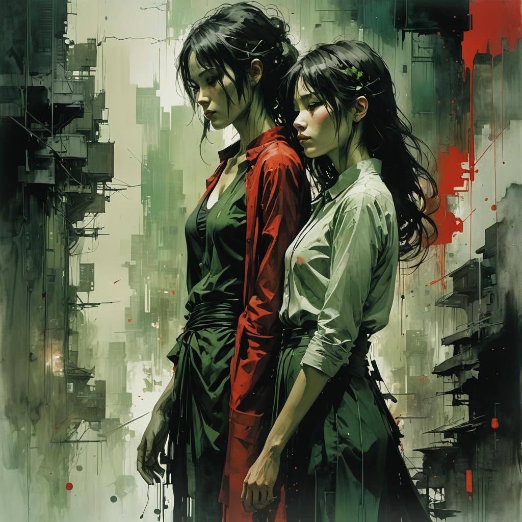 Two Women in Fusion of Ukiyo-e and Anime Styles