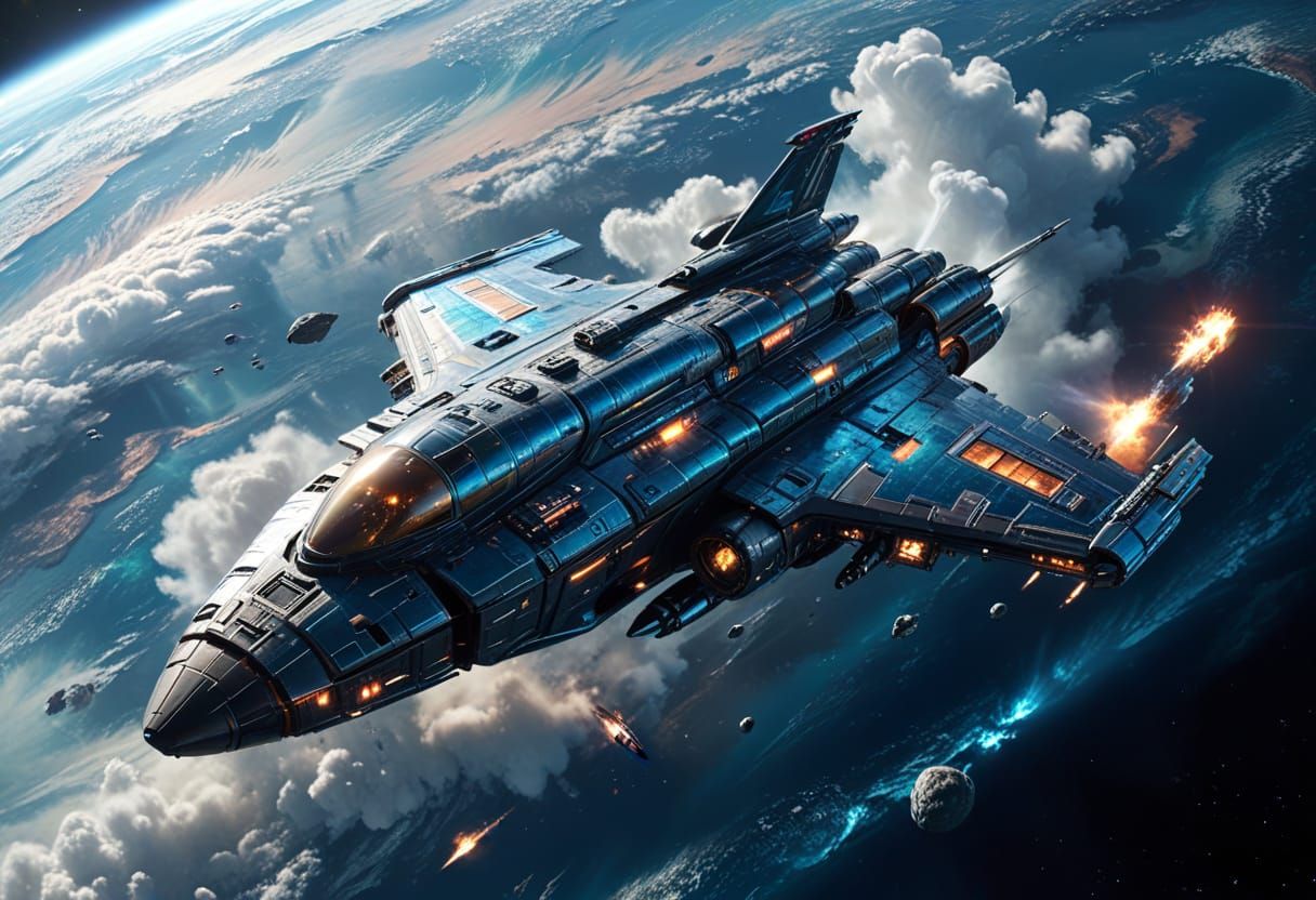 Spaceship Soaring Through Space in Hyperrealistic Sci-Fi Art