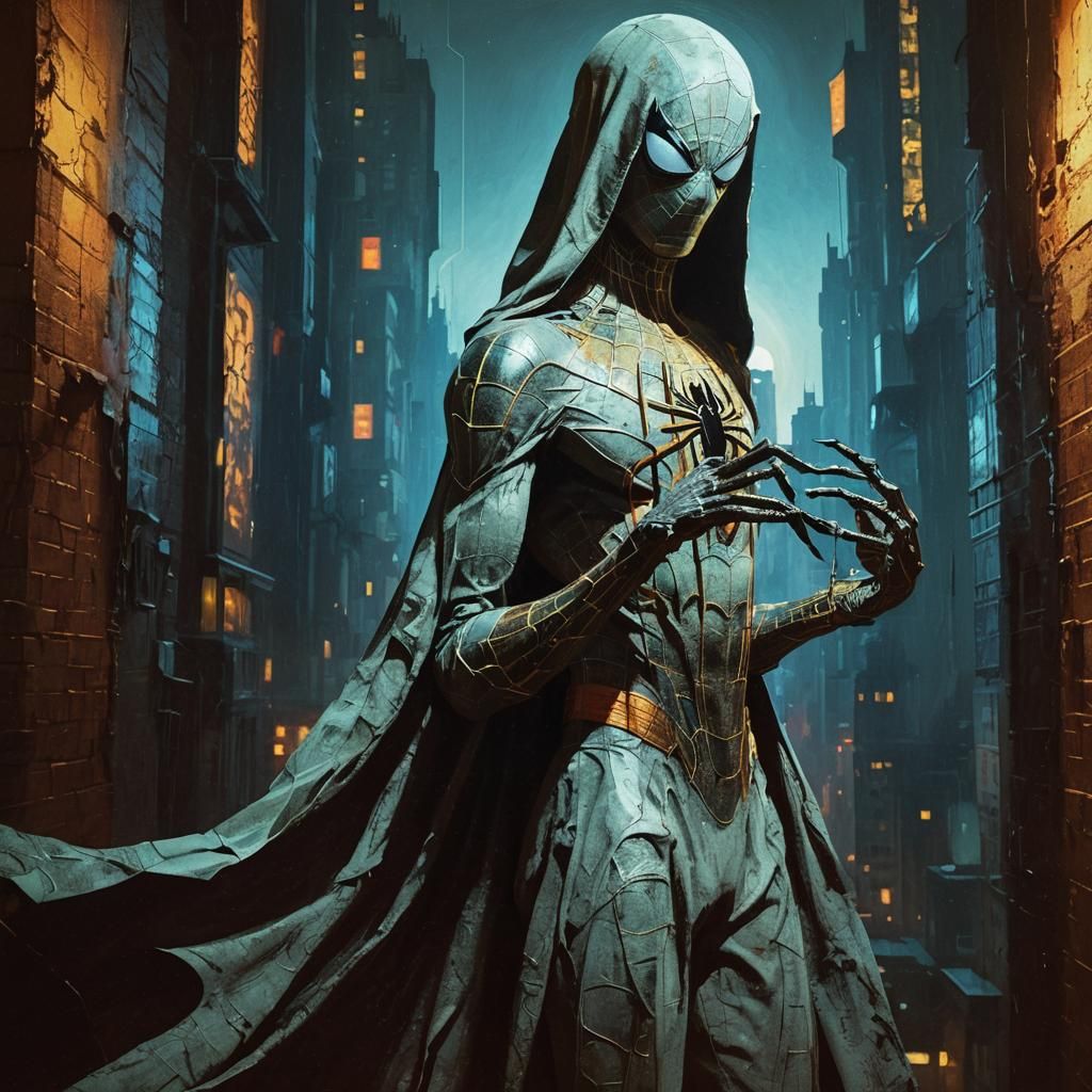 Spider-Man in Gothic Surreal Cityscape, Warm Colors