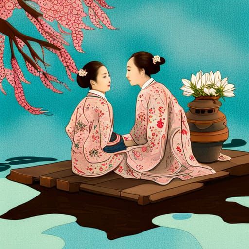 Chinese Women in Cherry Blossom Garden, Surreal Illustration