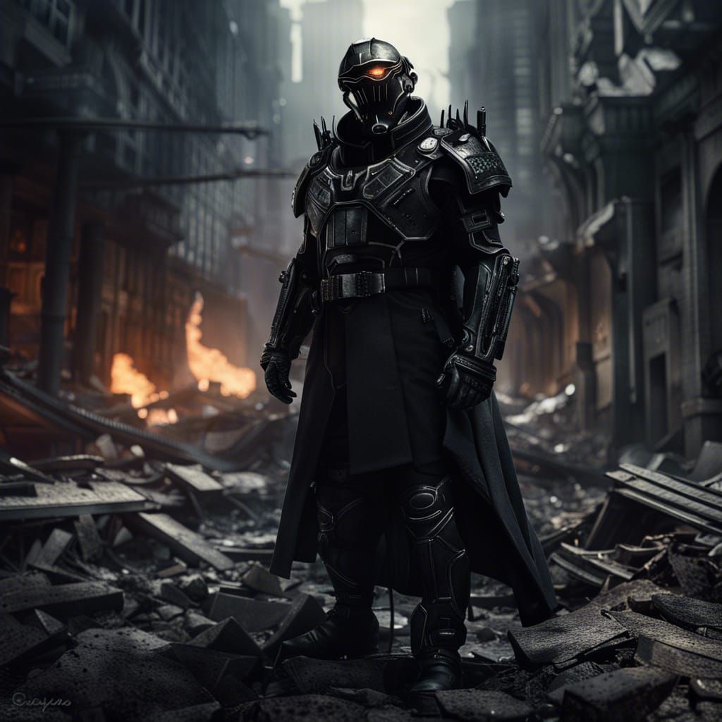 Inquisitor in Destroyed City, Detailed Matte Painting