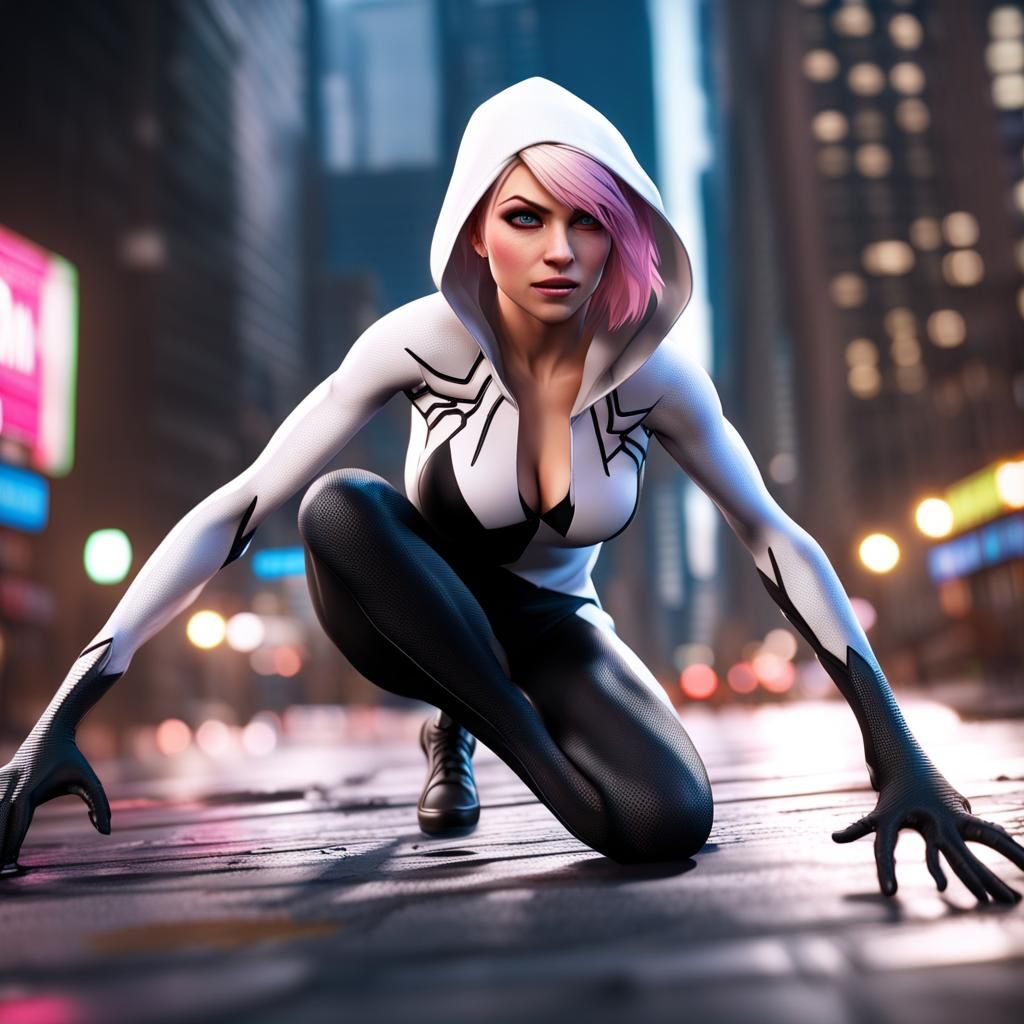 Spider-Gwen in Cityscape: 3D Game Cinematic Art