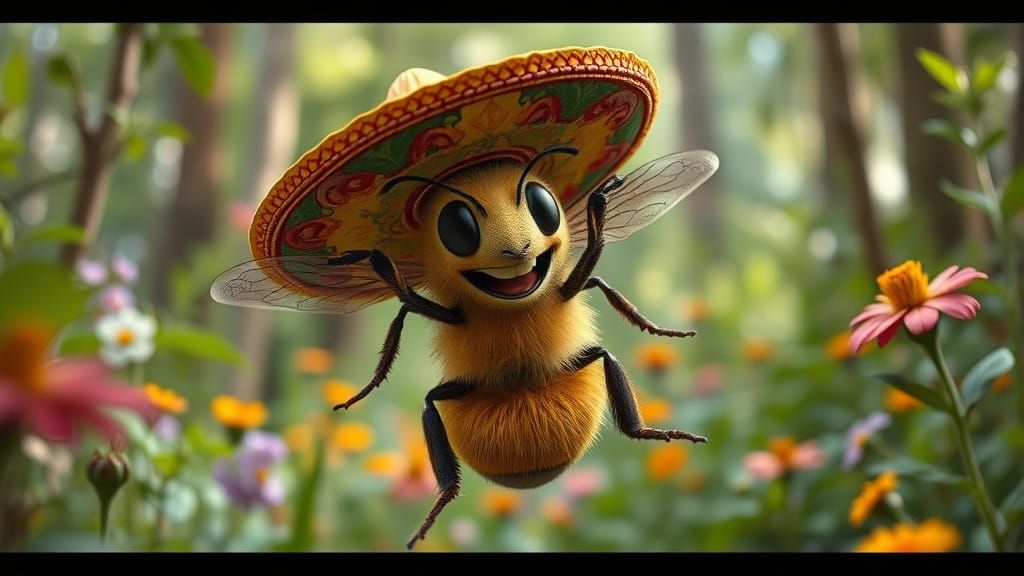 Smiling Bee Dances in Joyful Forest with Sombrero