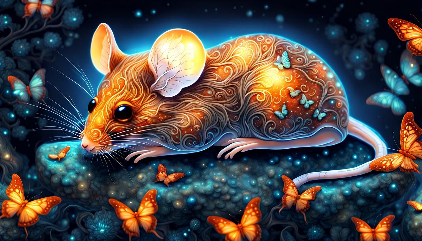 Bioluminescent Fire Mouse in Glass, Dark Fantasy Art