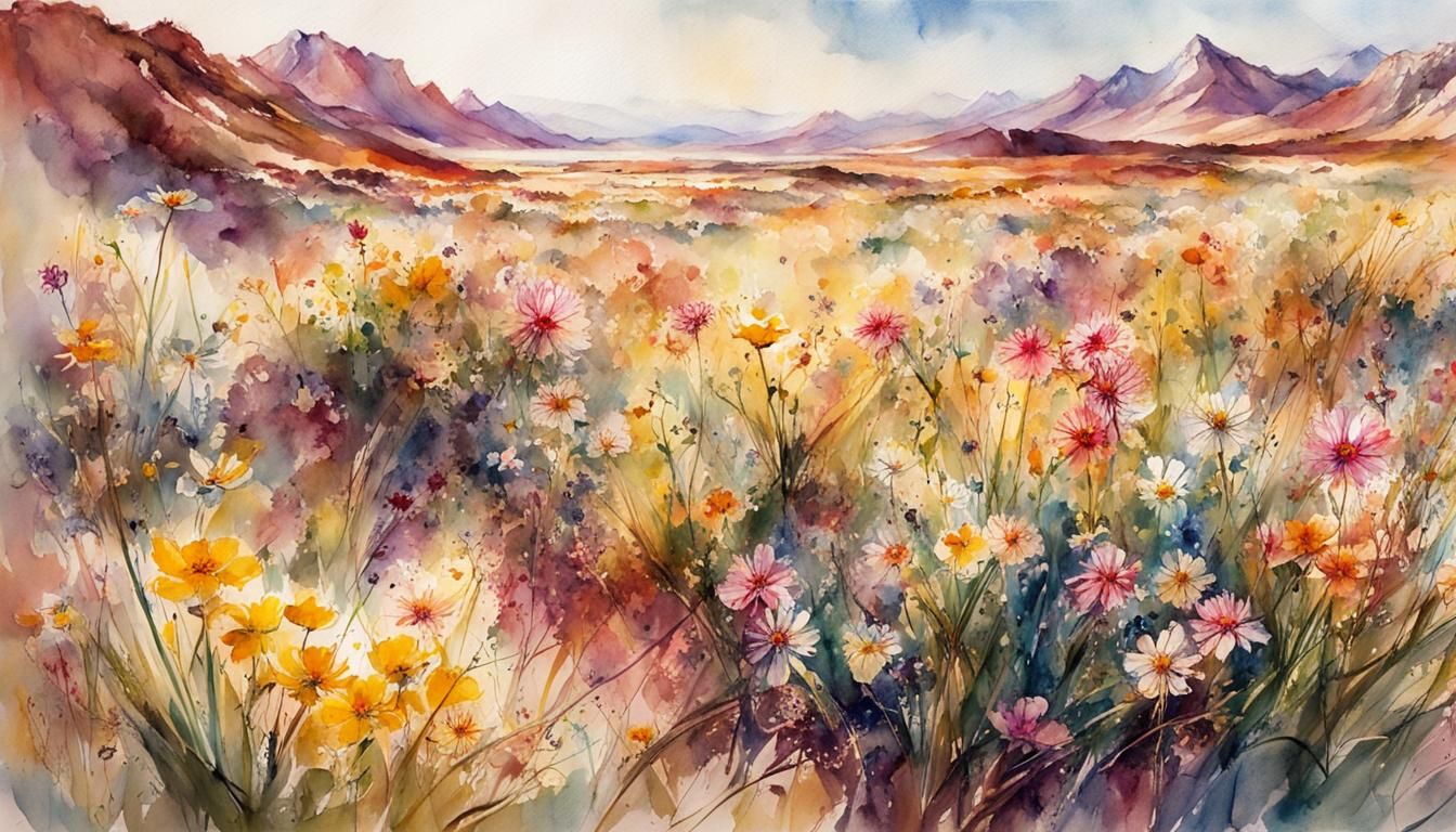 Spring Flowers Bloom in Desert Watercolor Painting