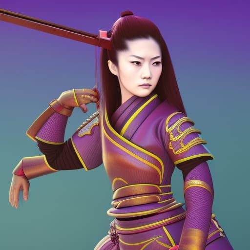 Friendly Dragon and Female Samurai in 3D
