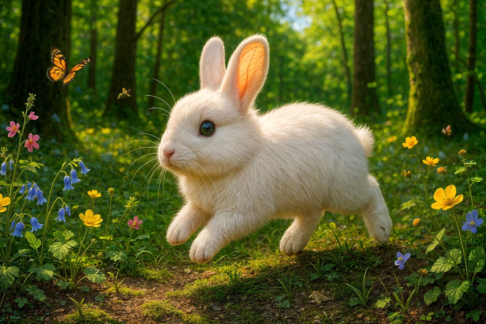 Fluffy White Rabbit in Sunlit Forest