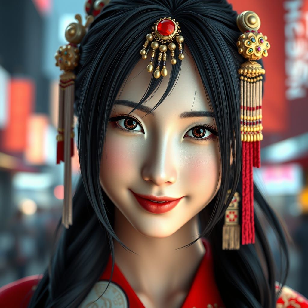 A portrait of  smiling Tifa Lockhart is a beautiful Geisha.