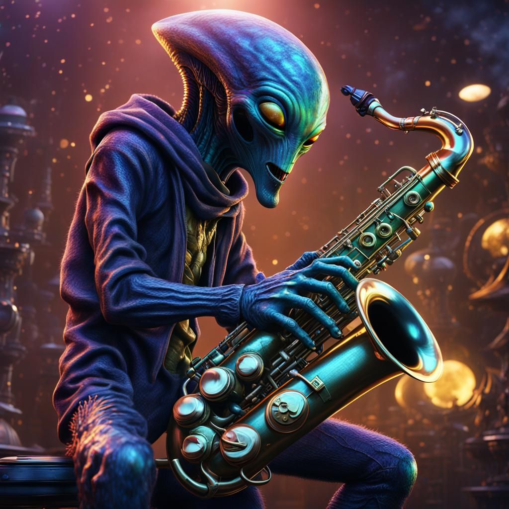 Alien Jazz Saxophonist in Detailed Matte Painting