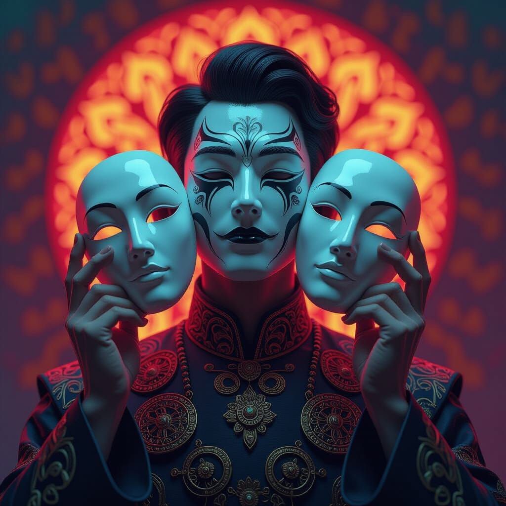 Faceless Man with Masks in Ornate Splash Art Style