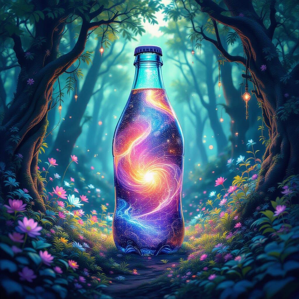 Nebula Soda Bottle in Bioluminescent Forest
