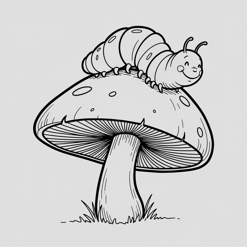 Mushroom and Caterpillar Illustration in Storybook Style