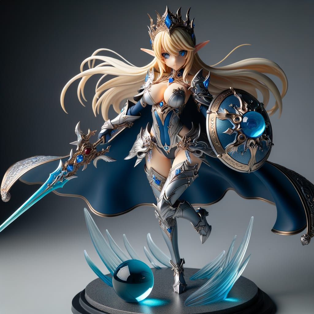 Anime Elf Warrior Figurine in Blue Armor with Sword and Shie...
