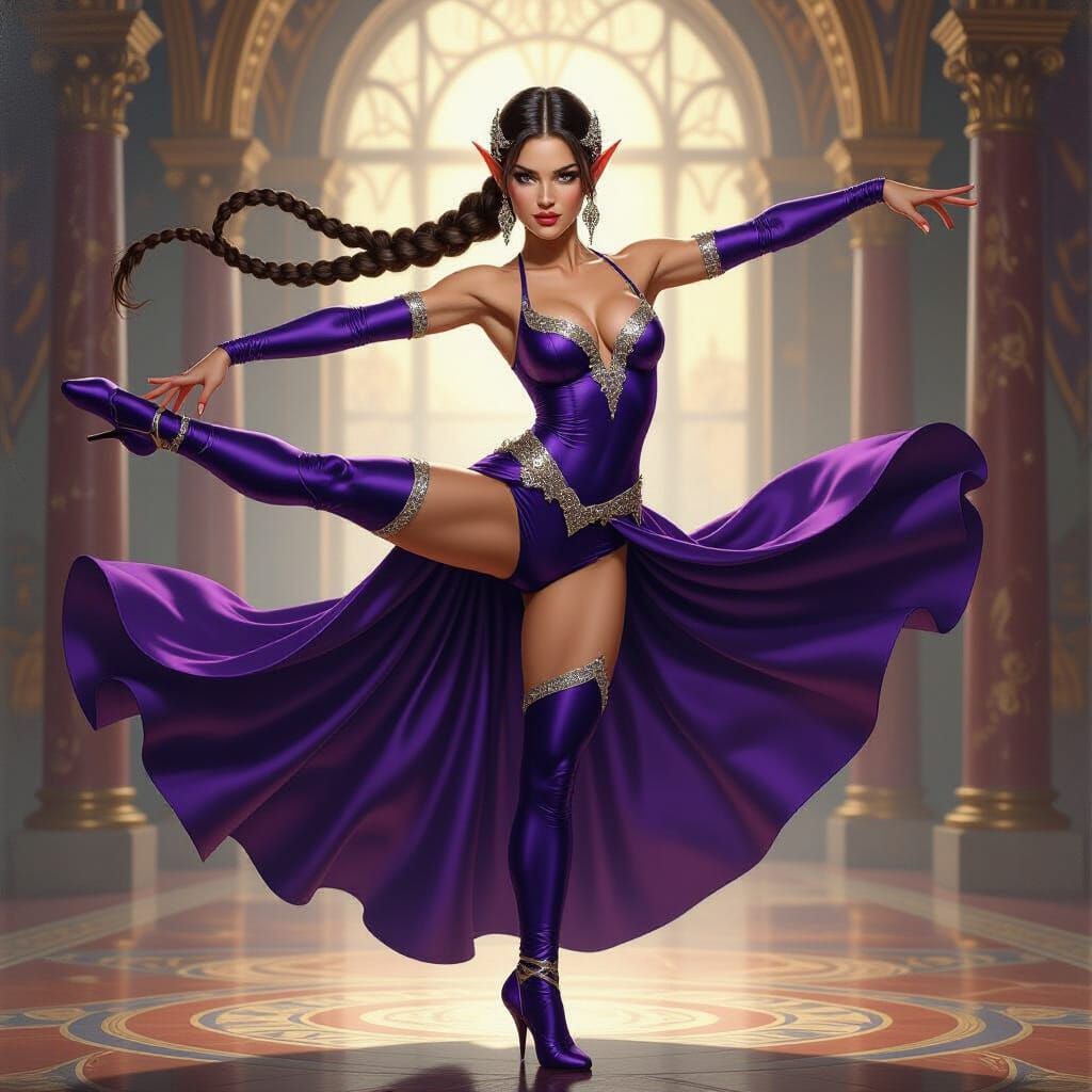 Elf Dancer in Ornate Ballroom: Fantasy Oil Painting