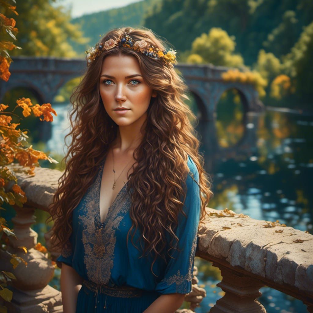 Woman on Stone Bridge Overlooking Lake in Detailed Digital P...
